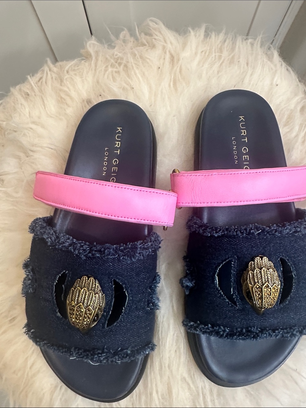 Kurt Geiger Black Denim Slides with Pink Strap and Gold Emblem